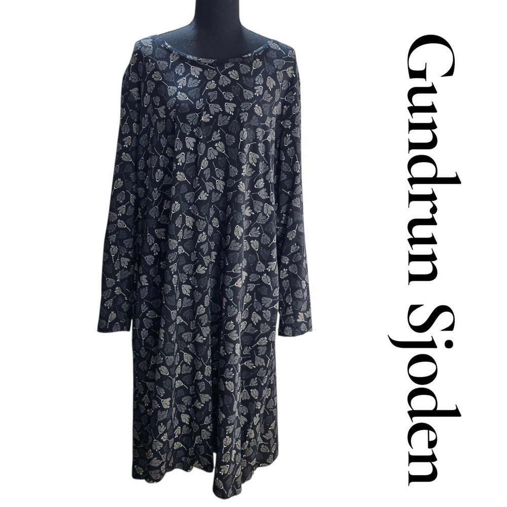 Gudrun Sjoden Dress Women XL Black Organic Cotton Floral A Line Pockets Midi
